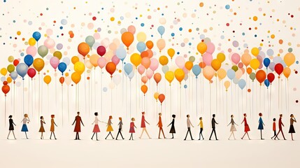 Canvas Print -  a group of people walking across a field with balloons floating in the air.  generative ai