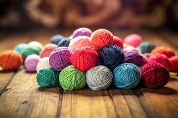 Canvas Print - close-up of colorful wool yarn balls on rustic table