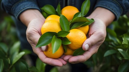 Wall Mural - Oranges in hands, a farmer holding oranges.