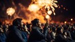 Crowd of people watching fireworks, background with copy space.