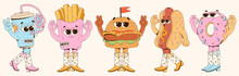 Retro Groovy Fast Food Characters Set. Trendy Cartoon Style 60s - 70s. Hamburger, French Fries, Donut, Hot Dog, And Soda Dressed In Cool Cowboy Boots. Retro Vector Illustration In A Modern Way.