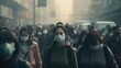 Asian highly polluted air city with crowd in protective masks in dense smog