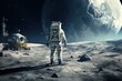  astronaut in spacesuit explores surface of the moon.land.orbital station.expedition to new planets