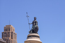 San Francisco, CA, USA - July 12, 2023: Pioneer Monument On Fulton Street, West Side Closeup Under Blue Sky. Minerva On Top. UC Hastings Building Top 
