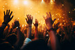 © Boris - people dancing in the nightclub. crowd at concert, Raised Human Hands in Club with Falling Yellow and Gold Confetti: Celebration and Party Concept