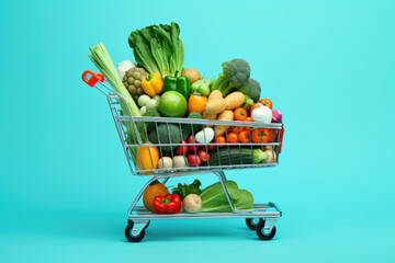 Wall Mural - Shopping cart filled with assortment of fresh vegetables. This image can be used to represent healthy eating, grocery shopping, or meal planning.