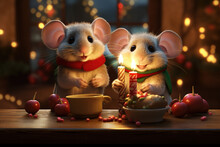 Two Cute Mouses Are Having Christmas Dinner. Seasons Greetings.