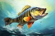 Realistic illustration of a predatory lake perch attacking a wobbler bait during weekend fishing in USA river or lake. Generative AI