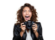 laughing photographer woman with camera in hands