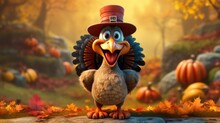 Thanksgiving Turkey In Funny Cartoon Style. Happy Bird
