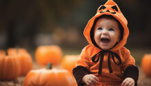 Halloween Baby Child In A Cute Pumpkin Custome