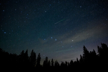 Wall Mural - the night sky filled with stars including the big dipper and a bright green meteor above a skyline o