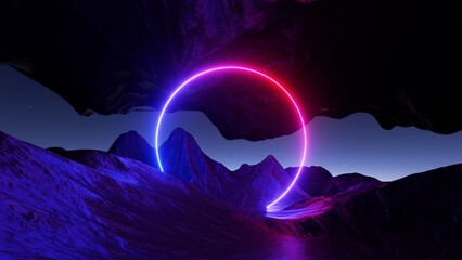 Wall Mural - 3d render. abstract background with round geometric shape. fantastic landscape with glowing neon rin