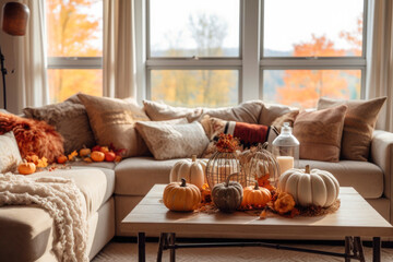 Wall Mural - Cozy living room interior in fall palette with autumn flowers and pumpkins decor