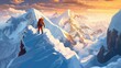 A man is climbing to the top of a snowy mountain