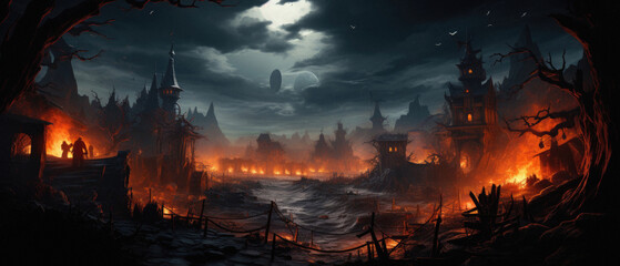 Wall Mural - Happy Halloween background spooky scene, creepy dark night jack o lantern pumpkins and spooky graves on graveyard ghosts horror gothic evil cemetery landscape. Mysterious night moonlight backdrop.