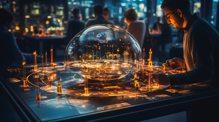 Magnetic table with artificial intelligence, hologram of income growth in a transparent ball. Business development to success and growth concept. Global network business structure. Generative AI