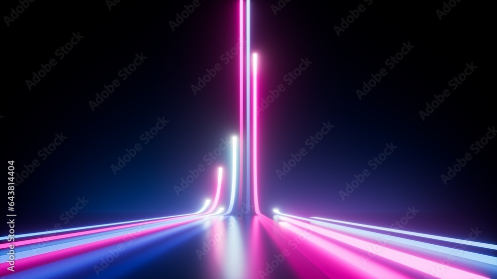 3d render, abstract background with vertical bright neon lines glowing ...