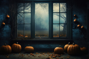 Wall Mural - Halloween spooky background, scary pumpkins in old big creepy Happy Haloween ghosts horror house evil haunted castle scene. Creepy dark gothic mysterious night dark backdrop concept.