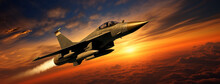 Modern Military Jet Fighter Airplane Flying Above The Clouds, Sunset Background With Copy Space