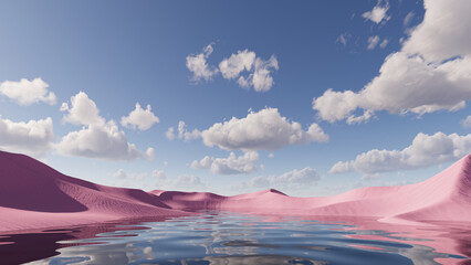 Wall Mural - 3d render, modern abstract minimalist background. Water in the middle of the pink desert under the blue sky with white clouds. Fantasy landscape