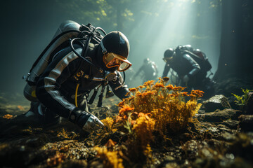 Poster - Coastal Cleanup. Divers removing debris from the ocean floor, symbolizing the protection of marine life for a sustainable climate. Generative Ai.