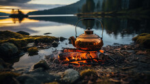 Metal Kettle On Campfire Overlooking Forest Lake