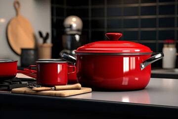 a red cookware on a wooden stovetop,