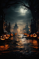 Happy Halloween background spooky scene, creepy dark night jack o lantern pumpkins and spooky graves on graveyard ghosts horror gothic evil cemetery landscape. Mysterious night moonlight backdrop.