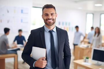 Professional man in suit and tie holding folder. Suitable for business, office, or corporate-themed projects.