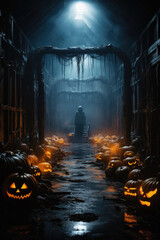 Wall Mural - Halloween spooky background, scary pumpkins with smoke in old big creepy Happy Haloween ghosts horror house inside big empty foggy room. Creepy october dark smoky mysterious night backdrop concept.