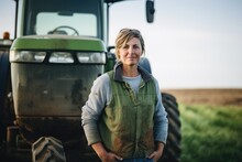 Smiling Portrait Of A Middle Aged Female Farmer Working And Living On A Farm With A Tractor In The Background