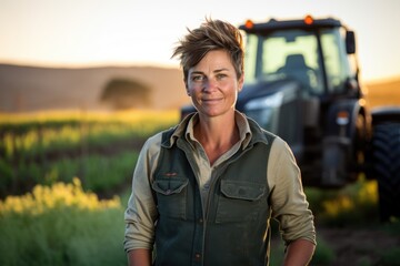 Smiling portrait of a middle aged female farmer working and living on a farm with a tractor in the background