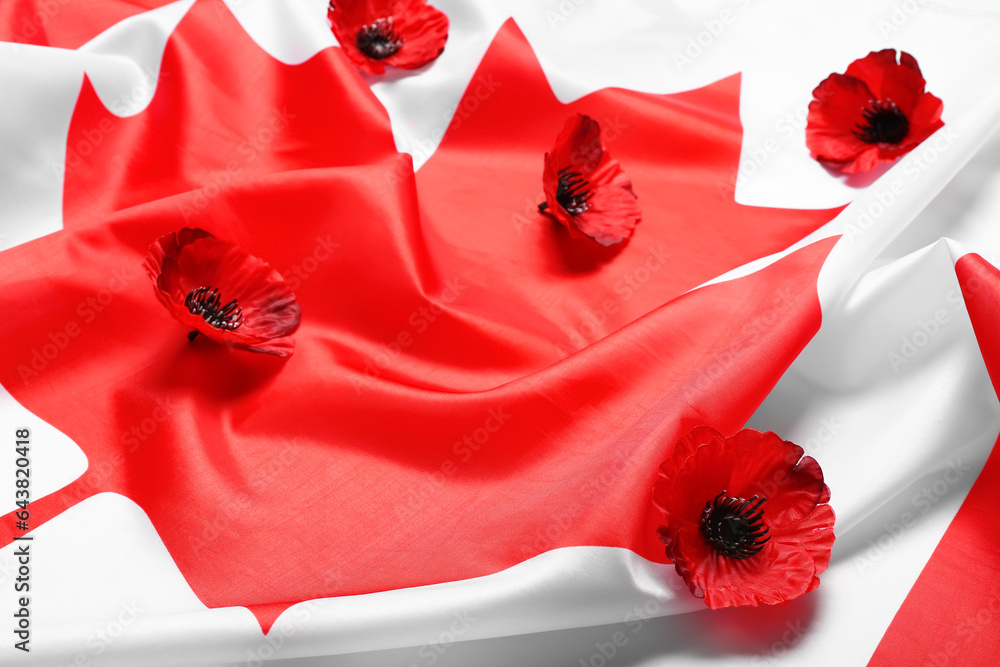 Poppy flowers on flag of Canada as background. Remembrance Day