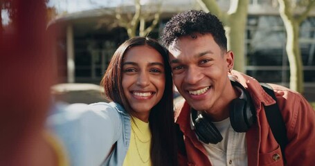 Sticker - Selfie, peace sign and wink with a funny face couple on campus posing for a picture together as a memory of university. Portrait, smile for photography with a man and woman student outdoor at college