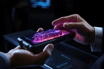 A close-up of a person's hand using a handheld ultrasound device for point-of-care medical imaging. Generative Ai.