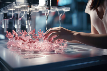 Canvas Print - A close-up of a person's hand adjusting settings on a 3D bioprinter to create tissue constructs. Generative Ai.