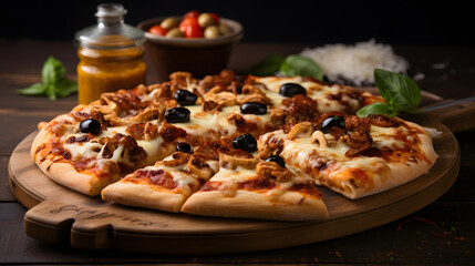 Wall Mural - Shawarma pizza with mozzarella cheese, baked on a wood-burning oven, with tomato sauce, cheese, shawarma and black olives, 
