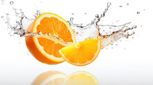 Half Of A Ripe Orange Fruit With Orange Juice Splash Water Isolated On White Background.