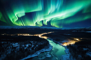 ethereal arctic skies: enchanting aerial display of vibrant northern lights, celestial ribbons illum