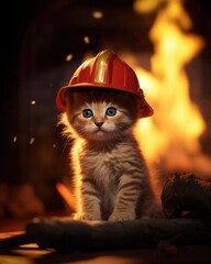 Wall Mural - A kitten wearing a fireman