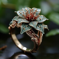 Wall Mural - wedding gold ring decorated with diamond and lily on a natural background of nature.jewelry