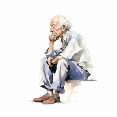 Wall Mural - White old man in thinking and doubts watercolor illustration. Male character with dreamy face on abstract background. Ai generated watercolor poster.