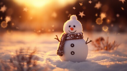 Sticker - A snowman in the snow with a scarf on. Generative AI.