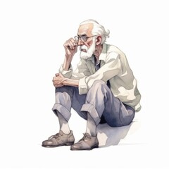 Wall Mural - White old man in thinking and doubts watercolor illustration. Male character with dreamy face on abstract background. Ai generated watercolor poster.