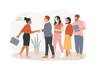 New team members isolated concept vector illustration. Adaptation, join company, employees training, first day, new colleague, conflict resolution, assessment, project team vector concept.