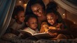 Generative AI : mother reads to children the book before going to sleep in bed