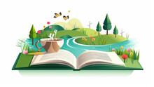 Open Book On 2 Pages Of Children And Kids Magical Fantasy Story Book About Nature. Magical Story Book With Fairy Tale Illustration.