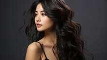 Beautiful Young Asian Woman With Long Curly Hairstyle On Dark Background.