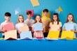 © AI Images - Generative AI : Group of funny excited classmates girls and boys with multicolored backpacks and copybooks having fun enjoying school time together jumping up in air on blue studio background